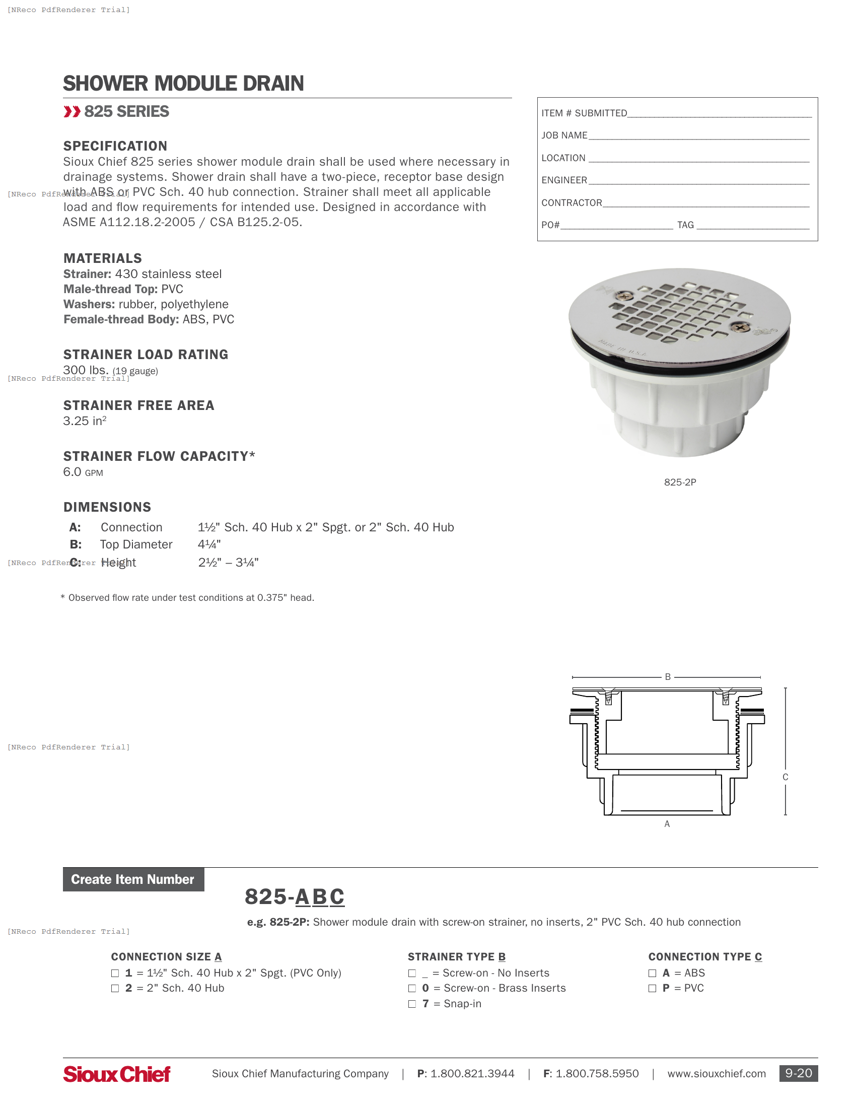 825 SERIES - SHOWER MODULE DRAIN - SPEC SHEET.PDF Specification Document
